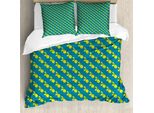 Abakuhaus Set Copripiumino Per Letto Singolo, Motivo Agrumi Su Sfondo A Zig-Zag, Antiacaro E Anallergico, Con Federa, 200 Cm X 200 Cm - 80 X 80 Cm, Yellow Sea Blue