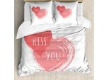 Abakuhaus Set Copripiumino Vintage Valentine Per Letti Singoli, Cuori Kiss You, Antiacaro, Adatto A Chi Soffre Di Allergie, Con Federa, 155 Cm X 220 Cm - 80 X 80 Cm, Corallo Scuro Rosa Pallido