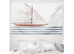 Abakuhaus Arazzo Nautico, Tema Barca A Vela Onde In Morbido Tessuto Microfibra Lavabile Senza Scolorimento Stampa Digitale, 230 X 140 Cm, Cannella Azzurro Pallido