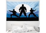 Abakuhaus Arazzo Kung Fu, Silhouette Di Uomini Che Praticano Karate Sole In Morbido Tessuto In Microfibra Lavabile Senza Scolorimento Stampa Digitale, 230 X 140 Cm, Blu Cielo Grigio