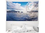 Abakuhaus Arazzo Nautico, Barca A Vela Sul Mare In Morbido Tessuto Microfibra Lavabile Senza Scolorimento Stampa Digitale, 230 X 140 Cm, Blu E Bianco