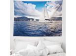 Abakuhaus Arazzo Nautico, Barca A Vela Sul Mare In Morbido Tessuto Microfibra Lavabile Senza Scolorimento Stampa Digitale, 150 X 110 Cm, Blu E Bianco