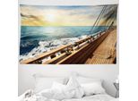 Abakuhaus Arazzo Nautico, Barca A Vela Tramonto Mare In Morbido Tessuto Microfibra Lavabile Senza Scolorimento Stampa Digitale, 230 X 140 Cm, Crema E Blu