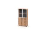 Armadio Di Archiviazione Marrone Naturale Con Ante In Vetro, Rettangolare, Moderno, In Legno
