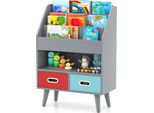 Costway Libreria Per Bambini, Scaffale Per Bambini Con 3 Ripiani, Scomparto Aperto, 2 Cassetti In Tessuto E Protezione Antiribaltamento, Organizer Per Giocattoli In Legno Grigio