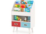 Costway Libreria Per Bambini, Scaffale Per Bambini Con 3 Ripiani, Scomparto Aperto, 2 Cassetti In Tessuto E Protezione Antiribaltamento, Organizzatore Di Giocattoli In Legno Bianco