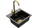 Mexen Milo Lavello In Granito 1-Vasca Con Rubinetto Da Cucina Telma, Nero/Oro - 6505-75-670200-50