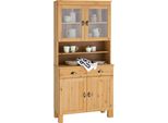 KüChenbuffet Home Affaire "Oslo", Beige (Natur Gebeizt, Gewachst), B:85Cm H:185Cm T:38Cm, Massivholz, SchräNke, 85 Cm Breit, Aus Massiver Kiefer, Mit 2 GlastüRen, Metallgriffe