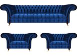 Set Di Divani Chesterfield Blu 3 Pezzi Divano Tessile Tre Posti 2X Poltrone Soggiorno