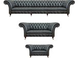 Set Soggiorno 3Pcs Pelle 2X Divani Nero Poltrone Imbottite Mobili Chesterfield