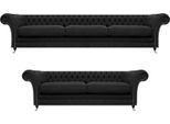 Set Chesterfield 2X Divani Imbottiti Tessili Mobili Neri Set Divano Completo