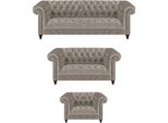 Soggiorno Chesterfield Completo 3 Pezzi Divani Divano Poltrone Grigio Nuovi Mobili Imbottiti