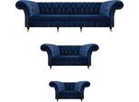 Set Soggiorno 3 Pezzi Chesterfield Blu Tessile Divani Di Lusso Design Arredamento