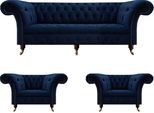 Set Soggiorno 3 Pezzi Chesterfield Blu Lusso Divano A Tre Posti 2X Poltrona Nuovo