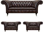 Lussuoso Set Di Divani In Pelle Marrone Soggiorno 2X Poltrona Tre Posti Divano Chesterfield