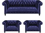 Set Blu 3 Pezzi Chesterfield Divano Completo Tre Posti 2X Poltrone Soggiorno Nuovo