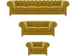 Luxury Yellow Complete 4+2+1 Living Room Armchair Chesterfield Textile Upholstered Furniture