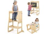 Costway 3 In 1 Torre Di Apprendimento Per Bambini, Sgabello Pieghevole E Lavagna E Set Da Tavolo Per Bambini, Torre Di Apprendimento In Piedi, Natura