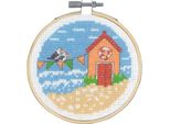 Set Per Punto Croce Permin Con Cornice "Pennant/Gulls"", Schema Di Conteggio, Diam. 10 Cm, 13-1424"
