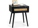 Costway Comodino In Polyrattan, Comodino Con Cassetto E Gambe In Legno Massiccio, Tavolino, Tavolino Da Divano, Console Da Letto In Stile Boho 48X40X58Cm Nero