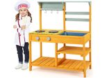 Costway Cucina Da Esterno Per Bambini, Cucina Da Gioco Con Funzione Acqua, Ganci E Ripiano Rimovibile, Cucina Da Giardino In Legno Per Bambini 3+ Arancione
