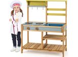 Costway Cucina Da Esterno Per Bambini, Cucina Da Gioco Con Funzione Acqua, Ganci E Ripiano Rimovibile, Cucina Da Giardino In Legno Per Bambini 3+ Natura