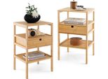 Costway Set Di 2 Comodini In Bambù, Comodino A 3 Livelli Con Cassetto E Ripiano A Doghe, Comodino Tavolo Da Divano 40X40X68Cm