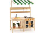 Costway Kids Cucina Di Fango All'aperto, Cucina Per Bambini In Legno D'abete Con Tetto, Lavello Estraibile, 4 Piastre E Lavagne, Cucina Da Gioco Per Bambini 3+
