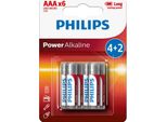 Philips Power Alkaline LR03P6BP/10 Batteria Per Uso Domestico - Batterie (Usa E Getta, Aaa, Alcaline, 1,5 V, 6 Pz, Bianco)