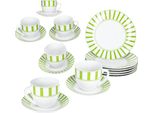 Servizio Da Caffè 18 Pezzi Split Verde A Righe In Porcellana 6 Pers Tazza Piattino Piatto A Righe