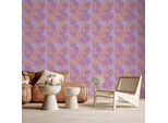 Vlies Tapete - Exotic - Fiori Bicolore - Fiori Viola E Arancioni Su Sfondo Blu. 50X1000 Cm Blumen B-C-10450-J-A