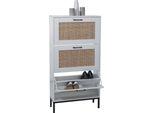 Scarpiera HWC-N92, Scarpiera Ribaltabile, 3 Scomparti Fronte Rattan In Melamina, 126X63X24Cm ~ Bianco
