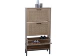 Scarpiera HWC-N92, Scarpiera Ribaltabile, 3 Scomparti Fronte Rattan In Melamina, 126X63X24Cm ~ Aspetto Rovere