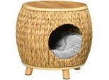 Katzenhöhle aus Rattan 2-in-1 Design Katzenkorb mit Kissen Katzenhütte