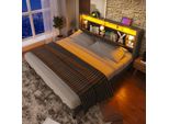 Letto Imbottito Flieks 160X200Cm Con Usb E Led, Letto Matrimoniale In Legno Massiccio Con Rete A Doghe E Testata Con Contenitore