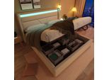 Letto Imbottito Flieks 140X200Cm Con Led, Letto Matrimoniale A Molle Insacchettate Con Rete A Doghe E Contenitore, Letto Funzionale Per Giovani, Pu, Bianco