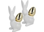 Elegante Coniglietto Pasquale In Ceramica Con Uovo Dorato, Statuetta Decorativa, Bianco E Oro, 13 Cm, Set Di 2 Pezzi