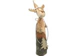 Renna In Legno Naturale Con Decorazione Dorata, Albero Di Natale E Cappello, Decorazione Natalizia Festosa H27Cm
