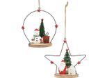 Set Di Decorazioni Natalizie Da Appendere: Babbo Natale E Pupazzo Di Neve In Una Stella, Legno, Decorazione Per Finestre, 13 Cm, 2 Pezzi