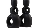 Portacandele In Ceramica Nero Moderno Deco Set 2 Pezzi
