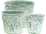 Set Di 3 Vasi In Metallo Shabby Chic Bianco Verde Manico Fioriera In Rilievo Vintage Ø25,5/20,5/15,5Cm