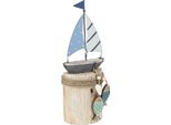 Decorazione Marittima In Legno Barca A Vela Bianco Blu Con Pesce H24Cm