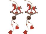 Cavallo A Dondolo Decorativo In Legno, Decorazione Natalizia Da Appendere, Rosso 37 Cm, Set Da 2, 2 Pezzi