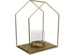 Incantevole Lanterna In Metallo Con Base In Legno, Portacandele Per Decorazioni D'atmosfera, 26X20X35Cm, Oro