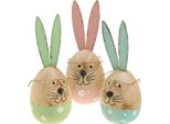 Coniglietto Di Pasqua Con Occhiali Figura In Legno Set Di Uova Decorative H13,5 Cm Confezione Da 3