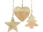 Decorazione Natalizia In Legno Ciondolo Stella Cuore Albero, Decorazione Avvento, Decorazione Natalizia Lucida, Set 3 Pezzi