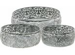 Set Di Ciotole Decorative In Metallo Con Motivo Floreale, Aspetto Vintage, Grigio Argento E Bianco Lavato, 3 Misure Ø16/19,5/23,5 Cm