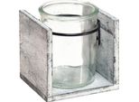 Porta Tealight In Vetro Cornice Rustica In Legno Grigio-Bianco 10X9X10Cm Set Di 3 Decorazioni Da Tavolo