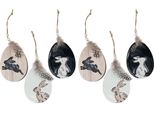 Coniglio Nell'uovo In Legno Pendenti Pasquali Decorazioni Pasquali Nostalgiche Bianco Nero 10 Cm Set Da 6, 6 Pezzi