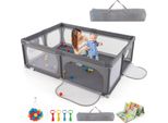 Costway Box Per Bambini, Cancelletto Per Bambini Con Tappetino, Tasca Laterale E 50 Palline, 206×147×68,5 Cm Grigio Scuro